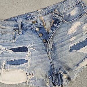 American Eagle Vintage Hi-Rise Festival Shorts Women 6 Blue Distressed Patchwork